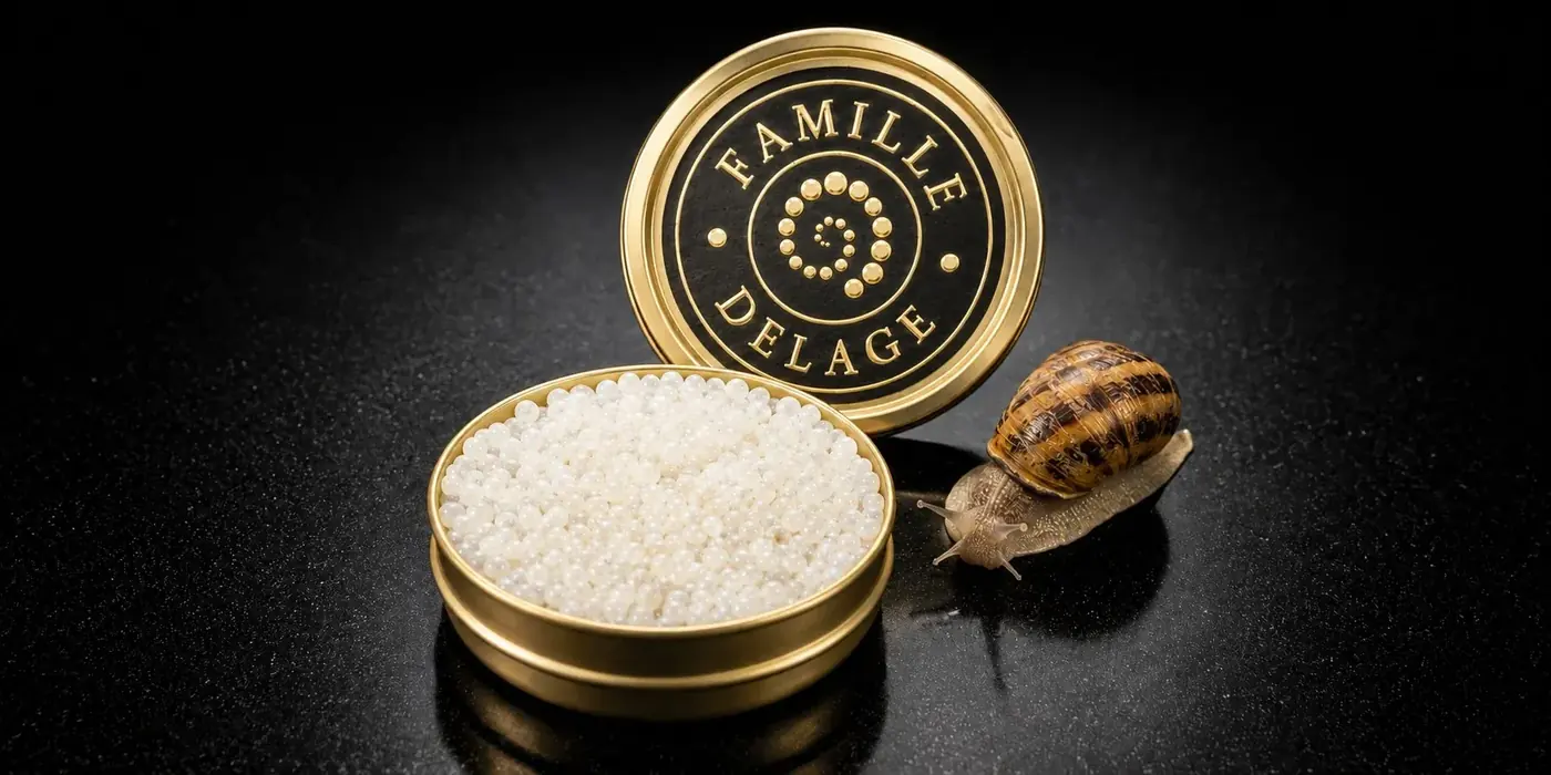 Boîte d'œufs d'escargot Famille Delage présentée avec un escargot de Dordogne